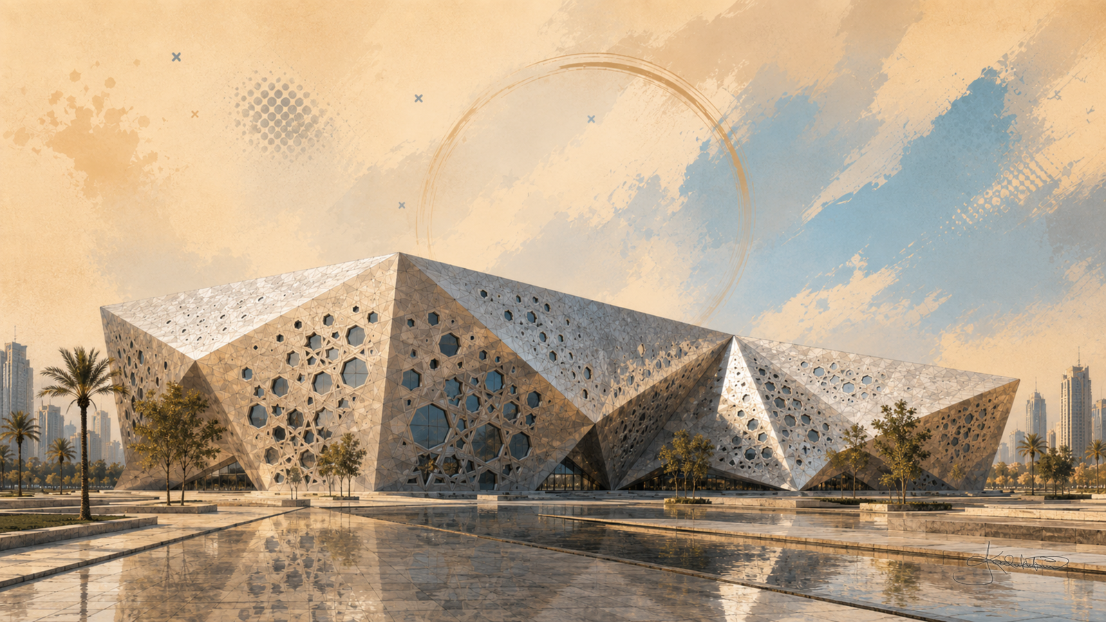 The Sheikh Jaber Al-Ahmad Cultural Centre in Kuwait, its faceted shells punched with round openings and mirrored in the water under a warm hazy sky. Dreamy Kuwait 4K desktop wallpaper by Dreams On Kanvas
