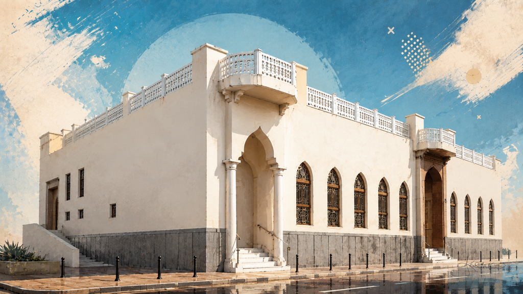 Sadu House in Kuwait, white walls and a row of tall arched windows below a balustraded balcony, against a blue sky. Dreamy Kuwait 4K desktop wallpaper by Dreams On Kanvas