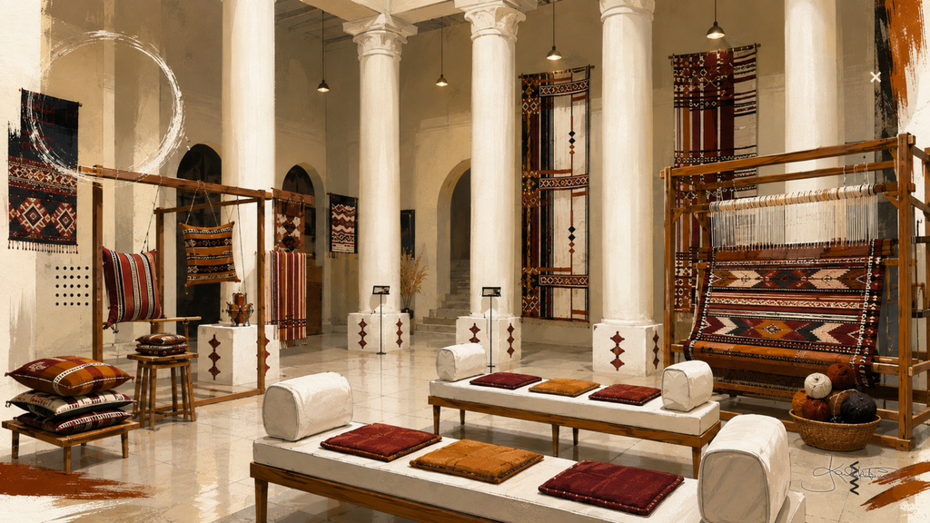 The hall inside Sadu House, traditional Al Sadu weaving in red, black and cream hung between white columns, with a standing loom and floor cushions. Dreamy Kuwait 4K desktop wallpaper by Dreams On Kanvas