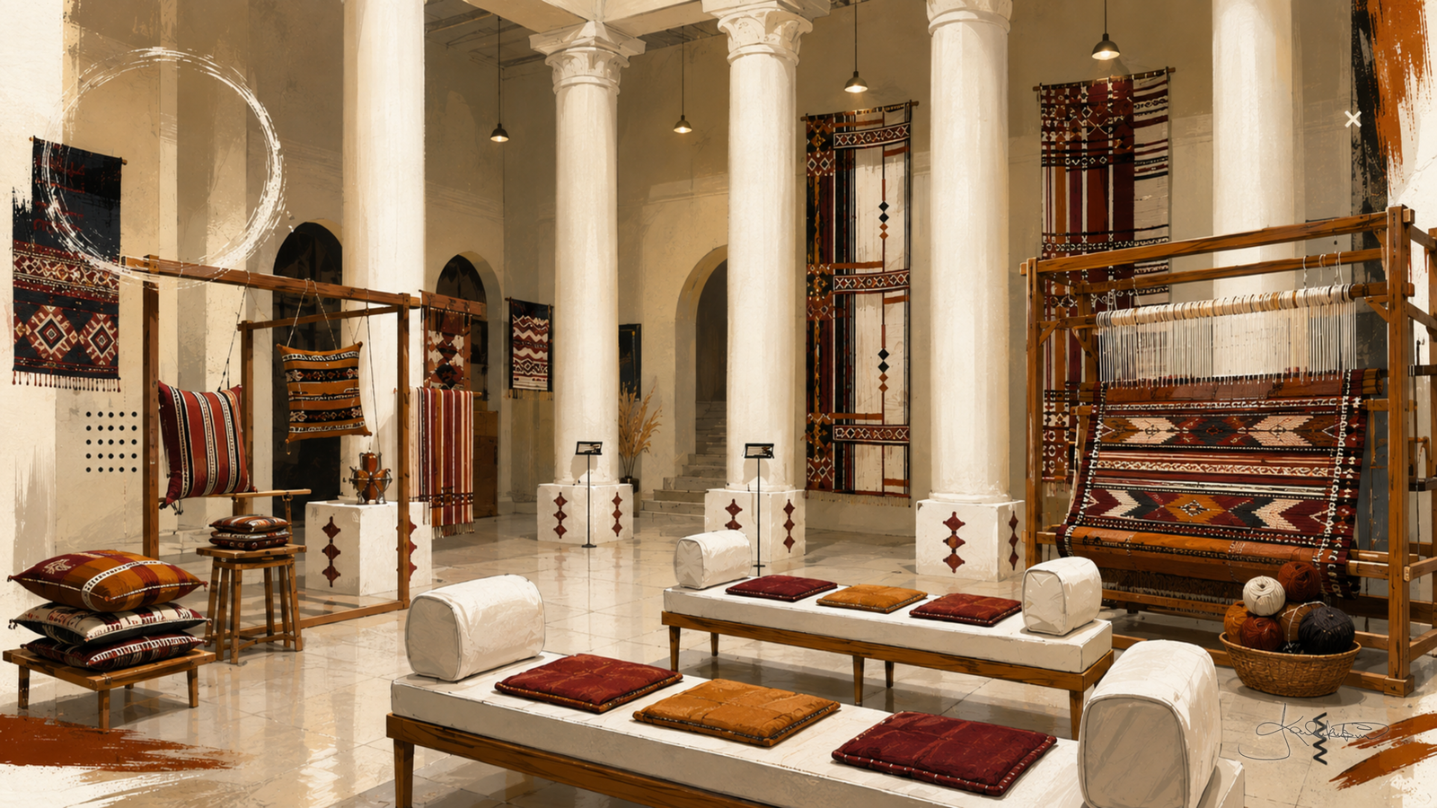 The hall inside Sadu House, traditional Al Sadu weaving in red, black and cream hung between white columns, with a standing loom and floor cushions. Dreamy Kuwait 4K desktop wallpaper by Dreams On Kanvas
