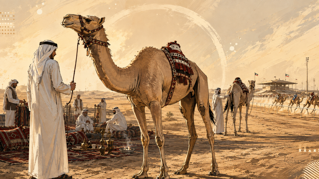 Camel racing in Kuwait, a handler in a white dishdasha holding a racing camel in red and black sadu-patterned tack, a majlis with carpets and brass gahwa pots beside them and the racetrack grandstand under Kuwaiti flags behind. Dreamy Kuwait 4K desktop wallpaper by Dreams On Kanvas