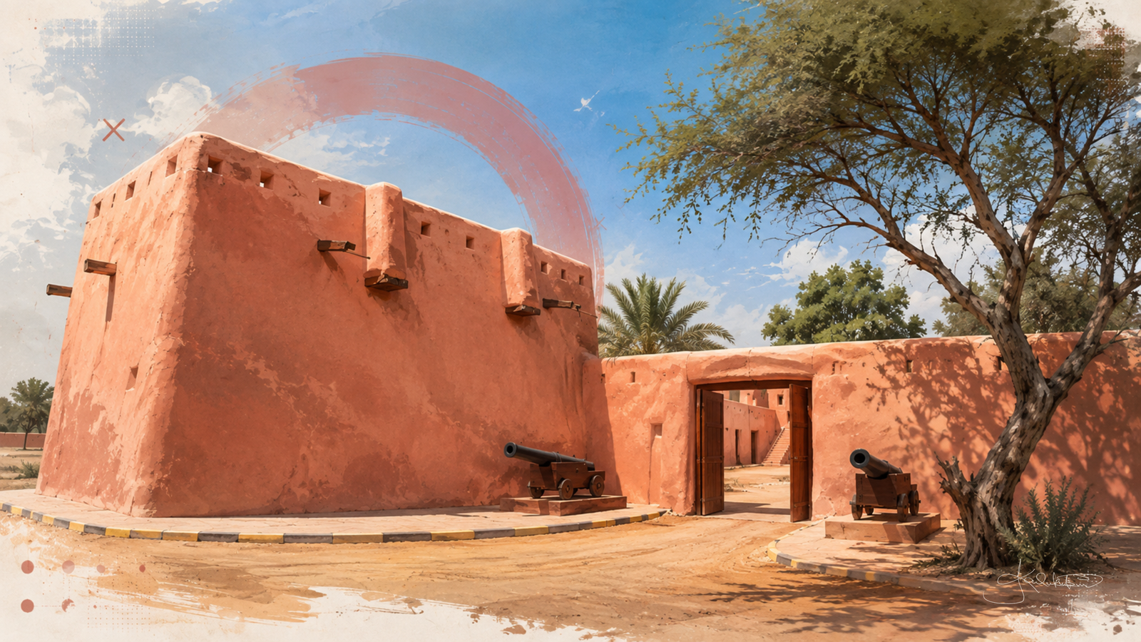 The Red Palace, Al-Qasr Al-Ahmar, its red mud-brick walls and gateway with old cannons outside and a broad tree over the corner. Dreamy Kuwait 4K desktop wallpaper by Dreams On Kanvas