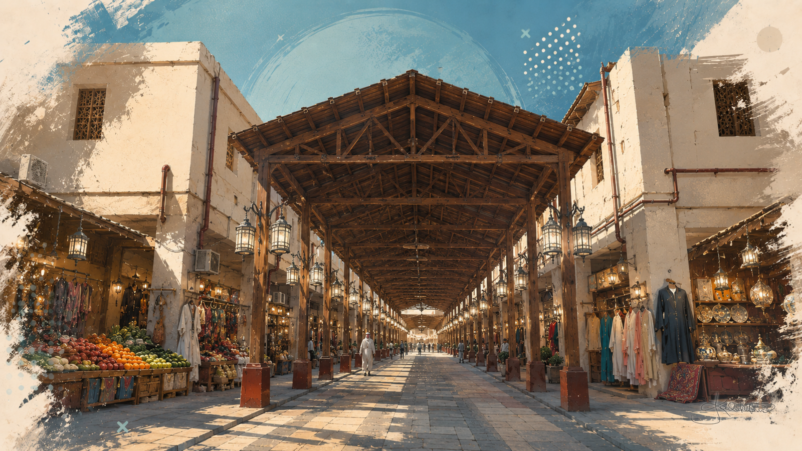 Souq Al-Mubarakiya, the long covered walkway with its wooden roof beams and hanging lanterns, produce and clothing stalls down both sides. Dreamy Kuwait 4K desktop wallpaper by Dreams On Kanvas
