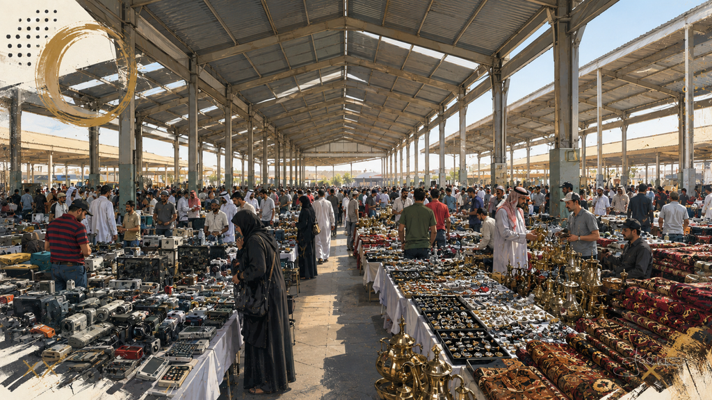 Friday Market in Kuwait, the crowded steel-roofed hall with tables of goods running the length of the aisle and shoppers moving between them. Dreamy Kuwait 4K desktop wallpaper by Dreams On Kanvas