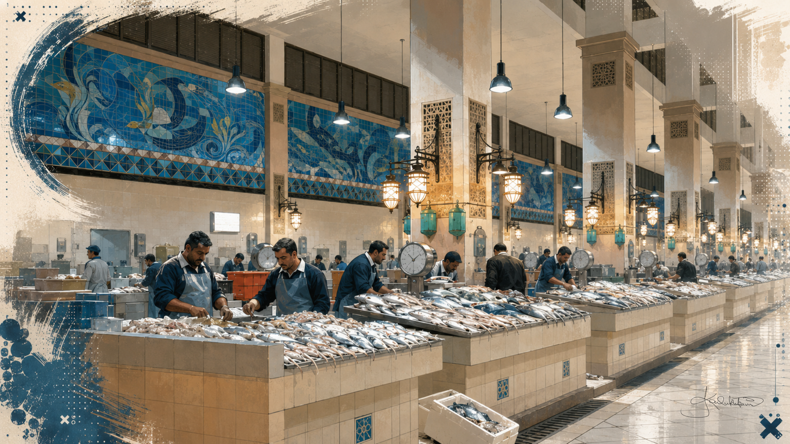 Kuwait Central Fish Market, blue and white ceramic mosaics along the wall above the counters, fishmongers working behind stacked ice. Dreamy Kuwait 4K desktop wallpaper by Dreams On Kanvas
