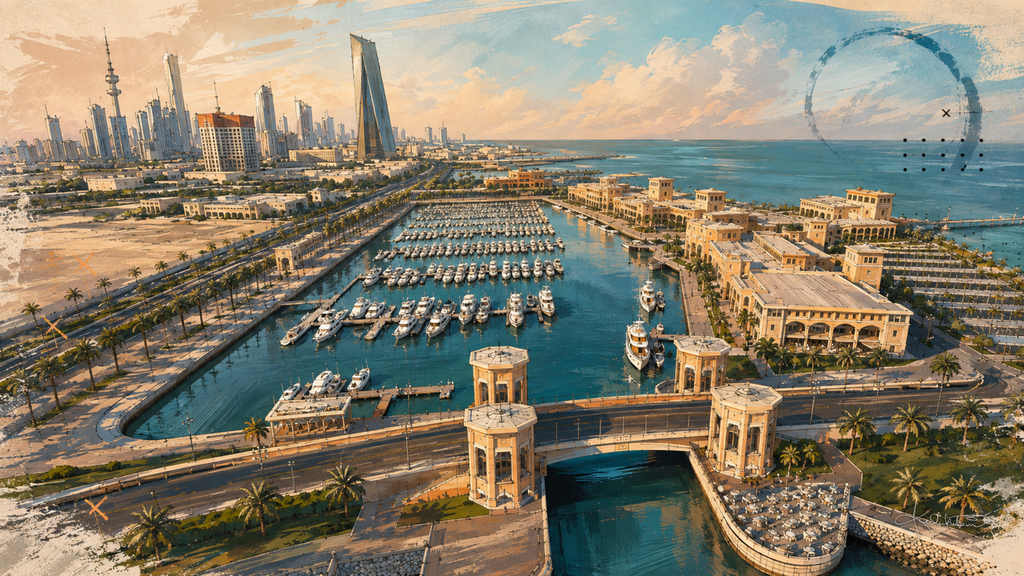 Souq Sharq Marina in Kuwait City from the air, moored boats in the basin, the stone breakwater towers, and the skyline along the shore. Dreamy Kuwait 4K desktop wallpaper by Dreams On Kanvas