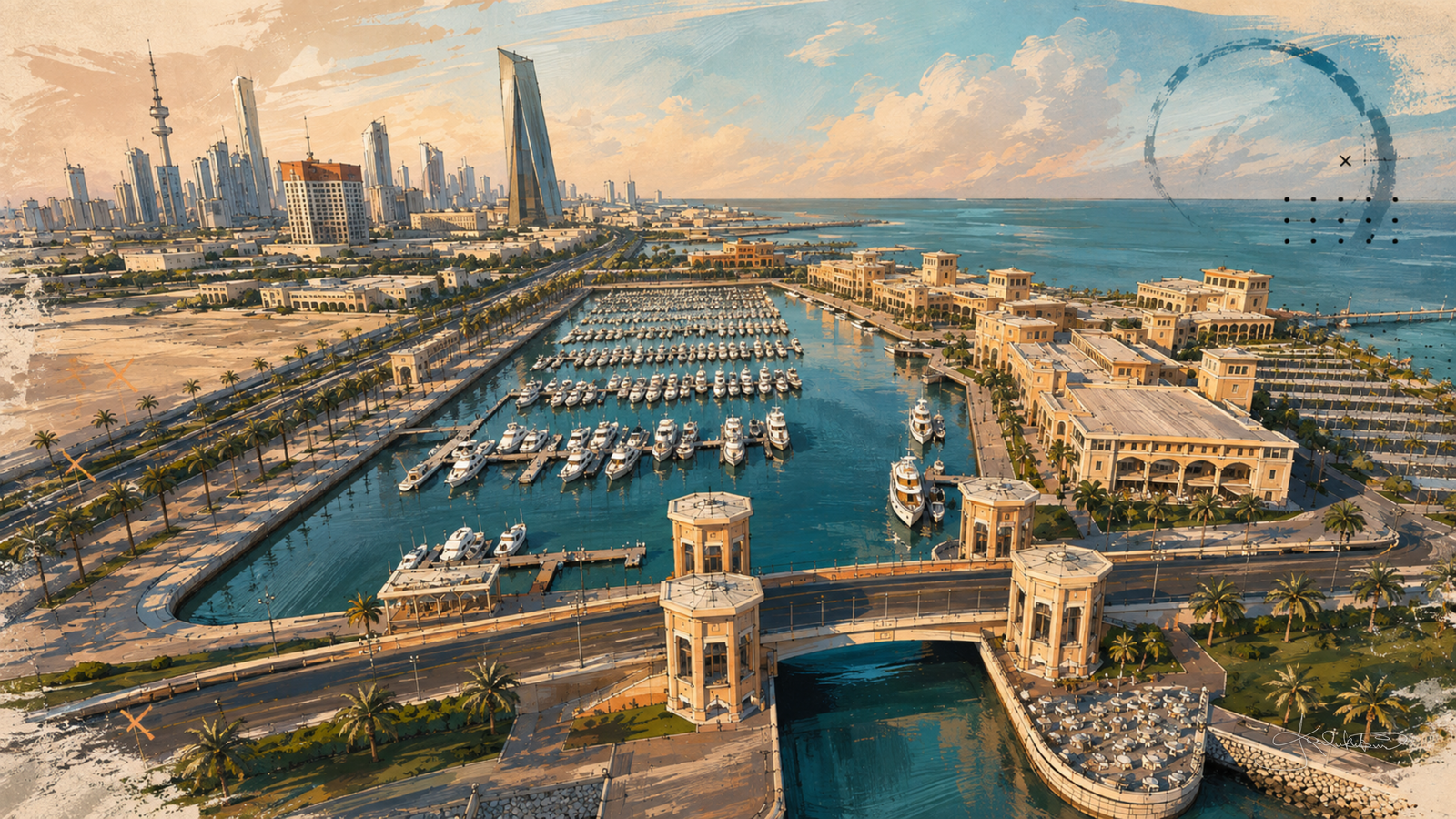 Souq Sharq Marina in Kuwait City from the air, moored boats in the basin, the stone breakwater towers, and the skyline along the shore. Dreamy Kuwait 4K desktop wallpaper by Dreams On Kanvas