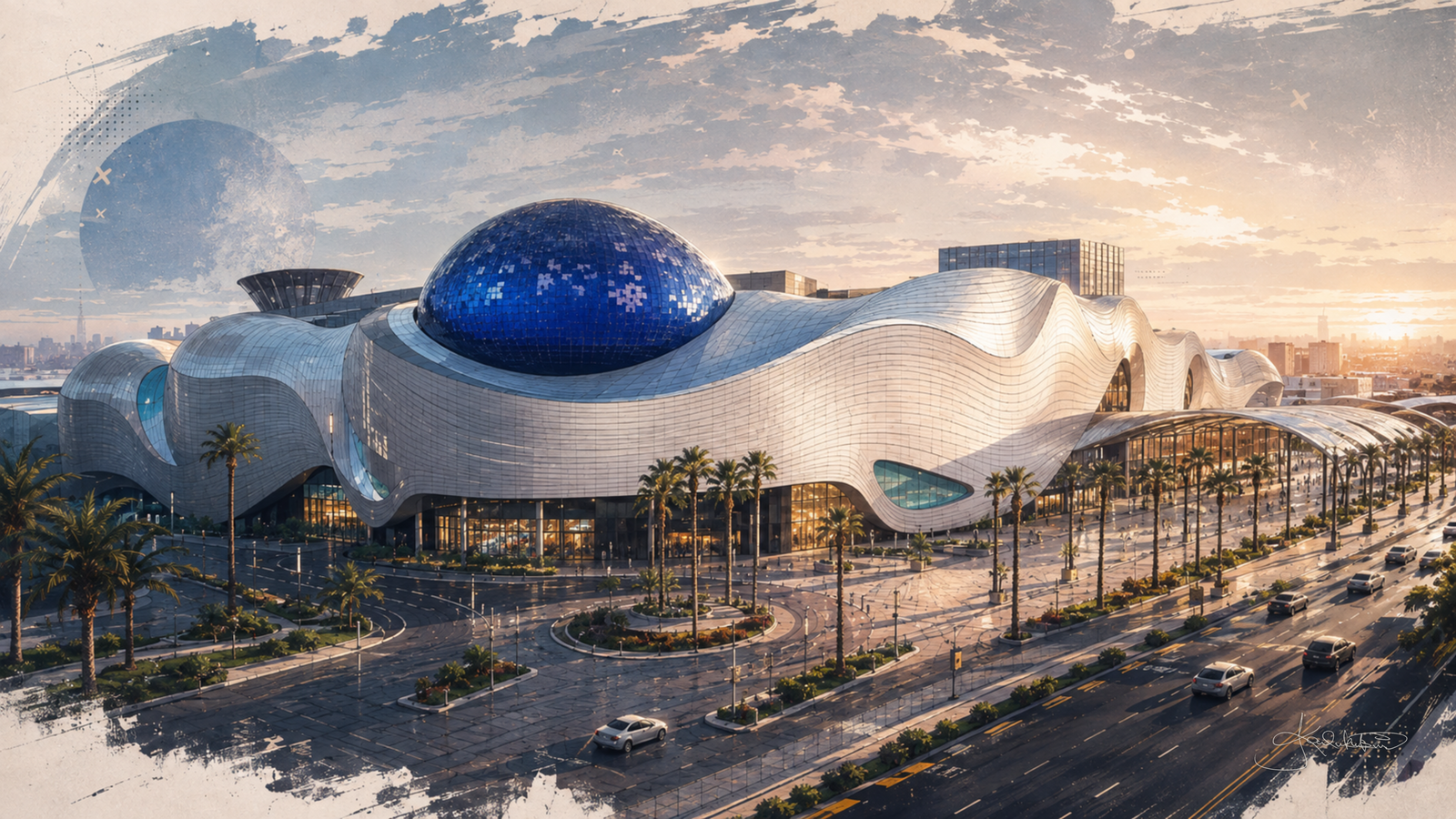 The Avenues at Al-Rai in Kuwait, the curved white roof and deep blue dome lit at sunset with the highway sweeping past. Dreamy Kuwait 4K desktop wallpaper by Dreams On Kanvas