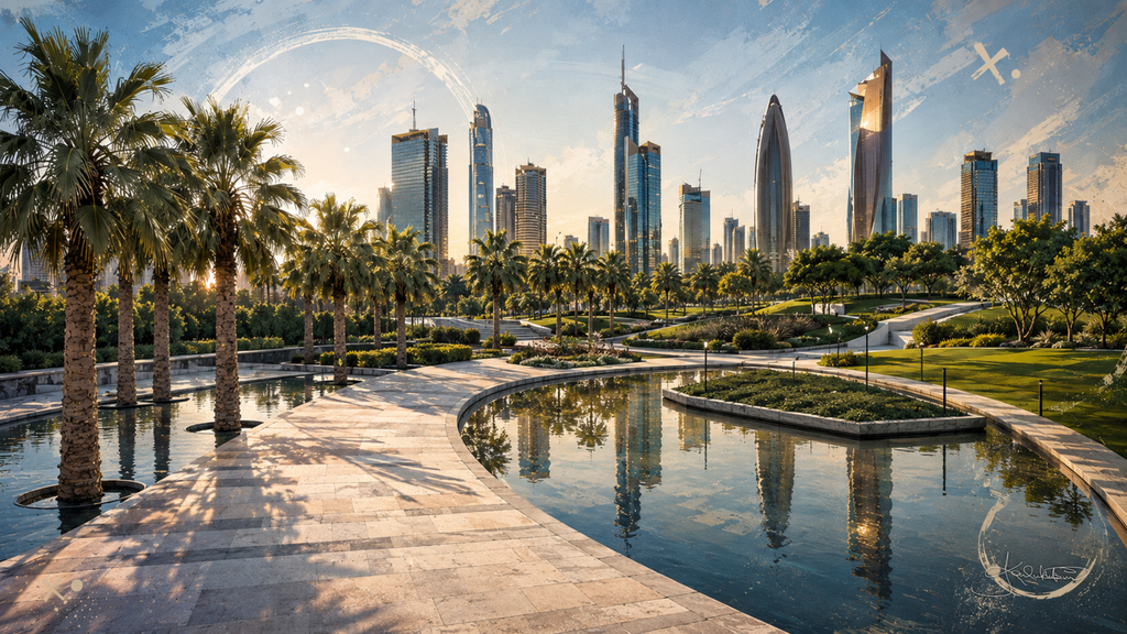 Al Shaheed Park in Kuwait, the still reflecting pool and palm-lined stone walkway with the Kuwait City skyline rising behind. Dreamy Kuwait 4K desktop wallpaper by Dreams On Kanvas