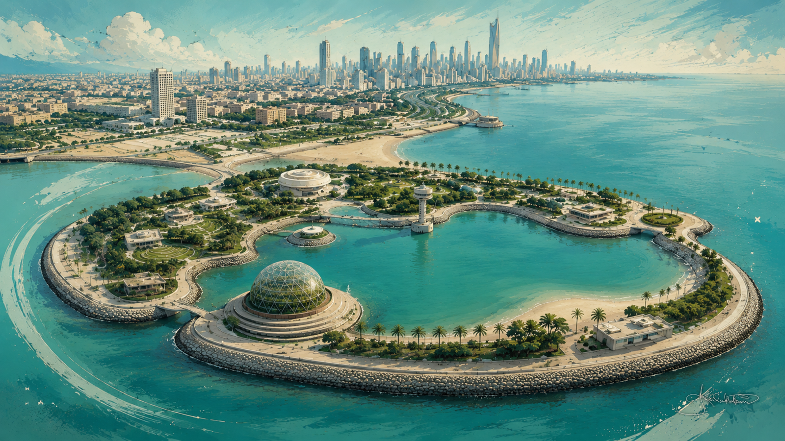 Green Island on the Arabian Gulf Road in Kuwait from the air, the stone-ringed lagoon and its planted centre with the city skyline beyond. Dreamy Kuwait 4K desktop wallpaper by Dreams On Kanvas