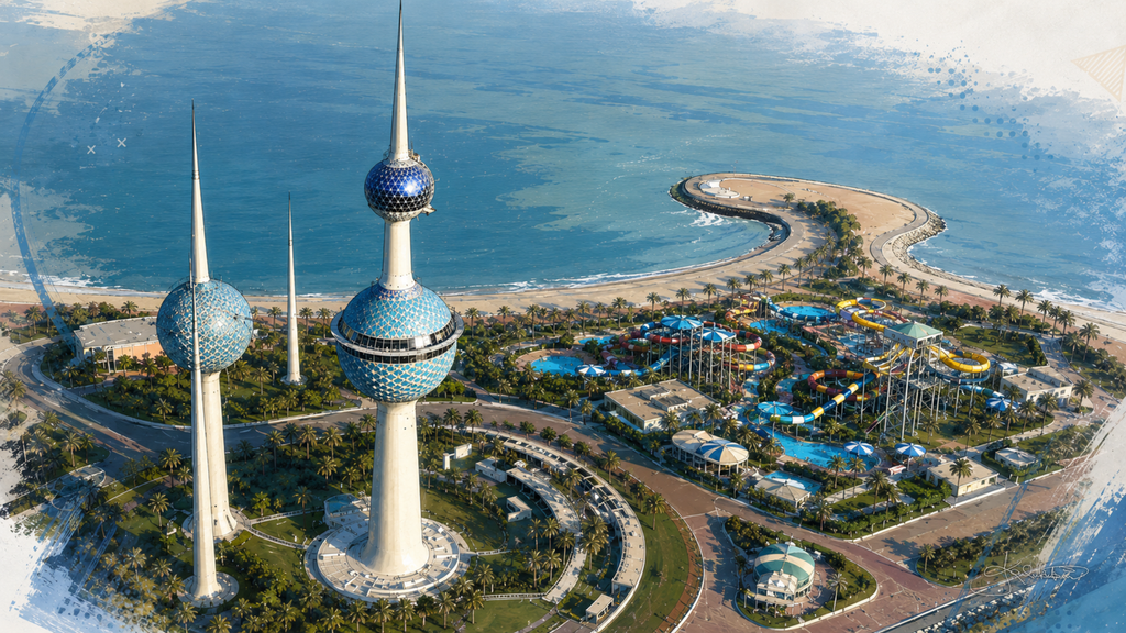 The original Aqua Park beside Kuwait Towers from the air, its blue pools and slides curled along the waterfront. Dreamy Kuwait 4K desktop wallpaper by Dreams On Kanvas