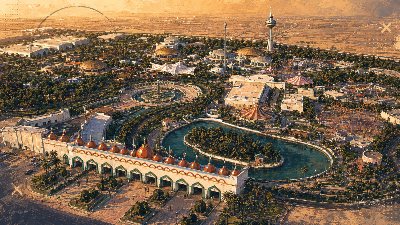 Entertainment City in Kuwait in the 1990s from the air, the arched entrance building, the lake and the rides laid out across the desert. Dreamy Kuwait 4K desktop wallpaper by Dreams On Kanvas