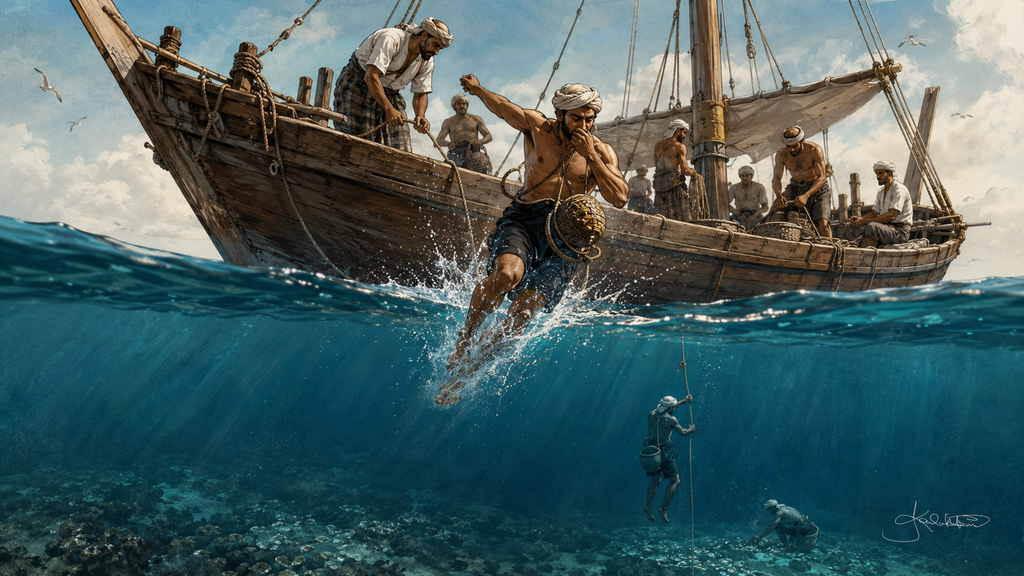 Kuwaiti pearl divers at work, the scene split at the waterline: crew on the deck of a wooden dhow above, a diver going over the side with his nose clip and basket, and below him divers on the seabed gathering oysters at the end of a weighted rope. Dreamy Kuwait 4K desktop wallpaper by Dreams On Kanvas