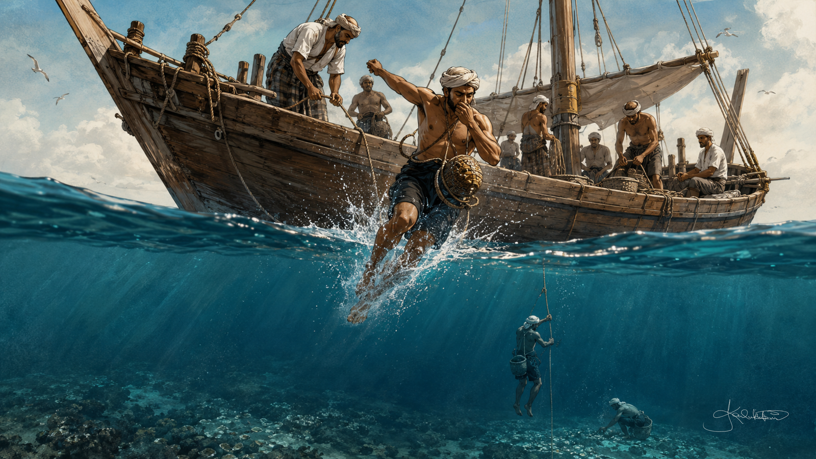 Kuwaiti pearl divers at work, the scene split at the waterline: crew on the deck of a wooden dhow above, a diver going over the side with his nose clip and basket, and below him divers on the seabed gathering oysters at the end of a weighted rope. Dreamy Kuwait 4K desktop wallpaper by Dreams On Kanvas