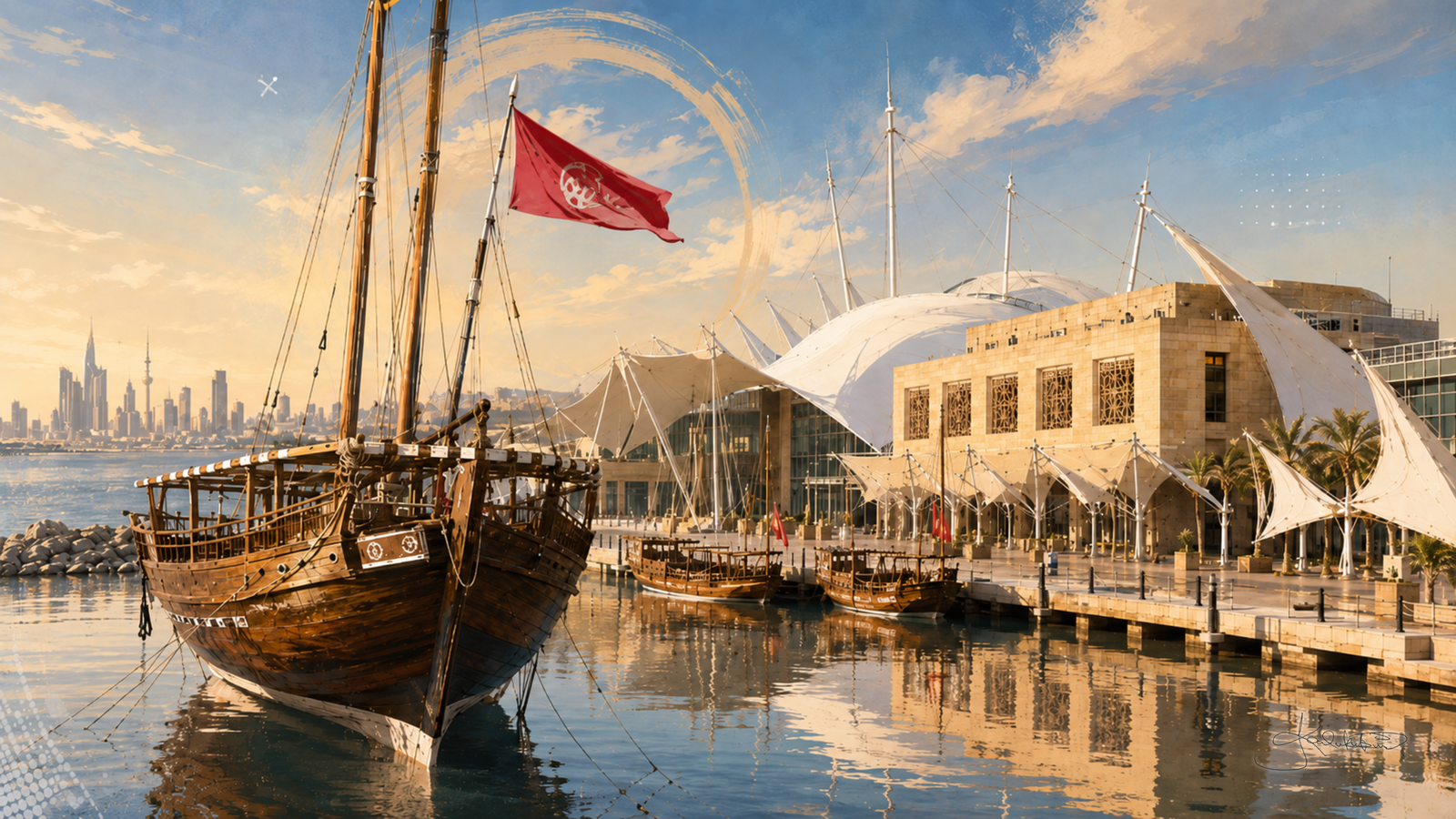 The dhow Fateh Al-Khayr moored at the Scientific Center in Kuwait, red flag at the mast and the white sail canopies of the building behind. Dreamy Kuwait 4K desktop wallpaper by Dreams On Kanvas
