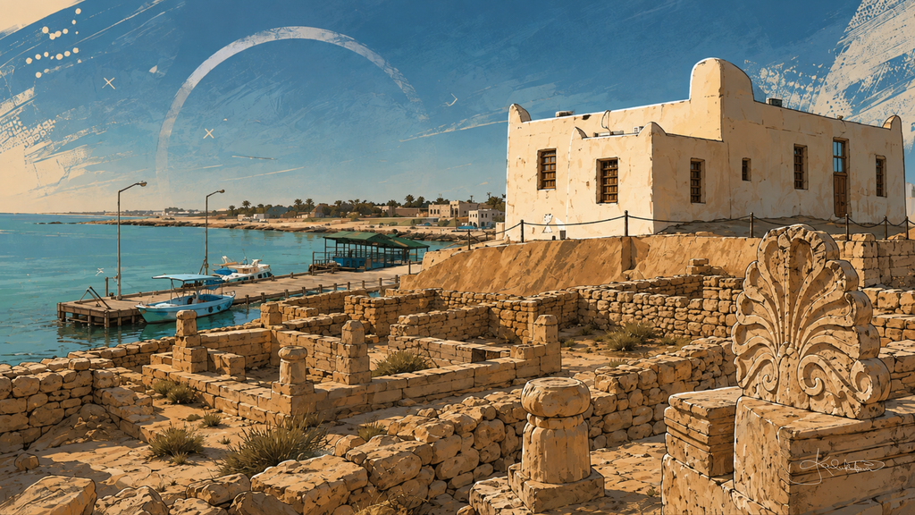 Failaka Island in Kuwait, stone ruins and an old sand-coloured house above the jetty and the turquoise water. Dreamy Kuwait 4K desktop wallpaper by Dreams On Kanvas