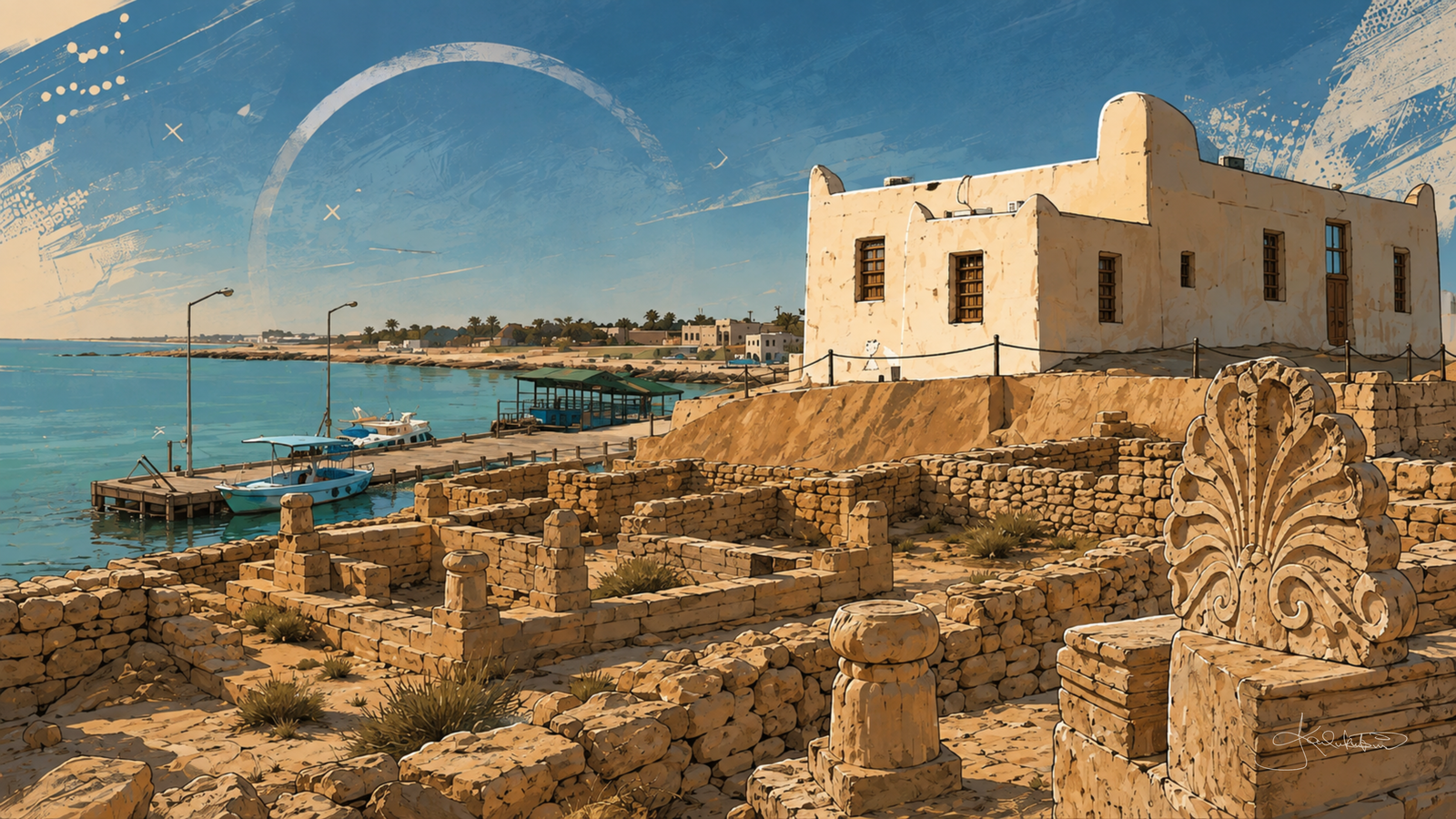 Failaka Island in Kuwait, stone ruins and an old sand-coloured house above the jetty and the turquoise water. Dreamy Kuwait 4K desktop wallpaper by Dreams On Kanvas
