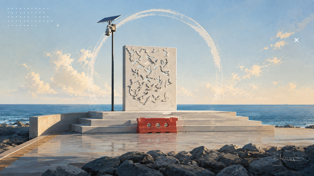 Jaafar Islah's Peace Sculpture on the Kuwait waterfront, the white carved slab of birds on its steps with the sea and rocks around it. Dreamy Kuwait 4K desktop wallpaper by Dreams On Kanvas