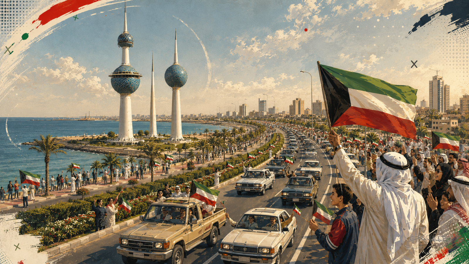 The Gulf Road in Kuwait on a national day, cars packed along the corniche and a man waving the Kuwaiti flag, Kuwait Towers behind. Dreamy Kuwait 4K desktop wallpaper by Dreams On Kanvas