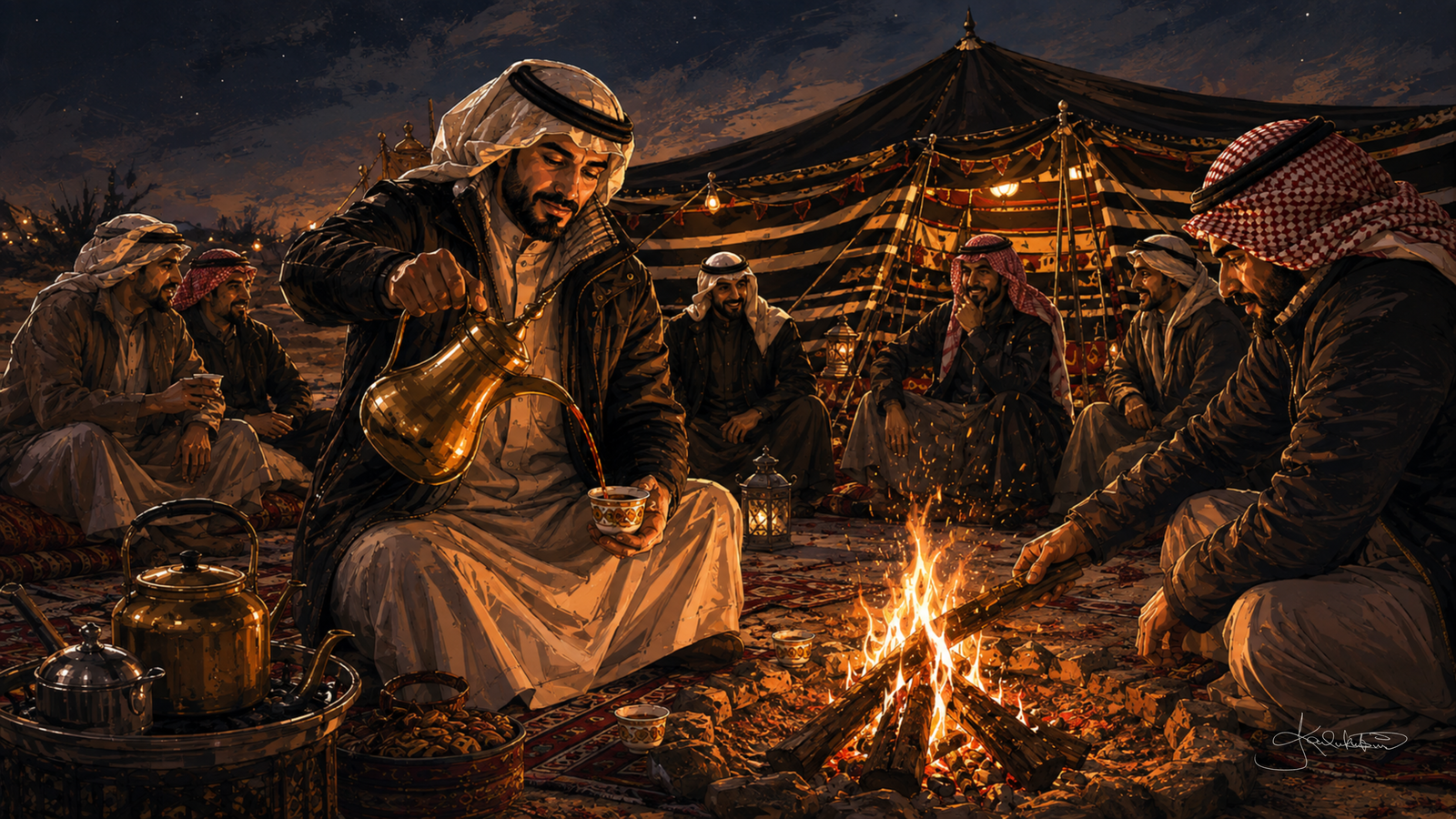 A Kuwaiti desert camp at night, men sitting around an open fire outside a black goat-hair tent with brass dallah coffee pots and carpets on the sand. Dreamy Kuwaiti Culture 4K desktop wallpaper by Dreams On Kanvas