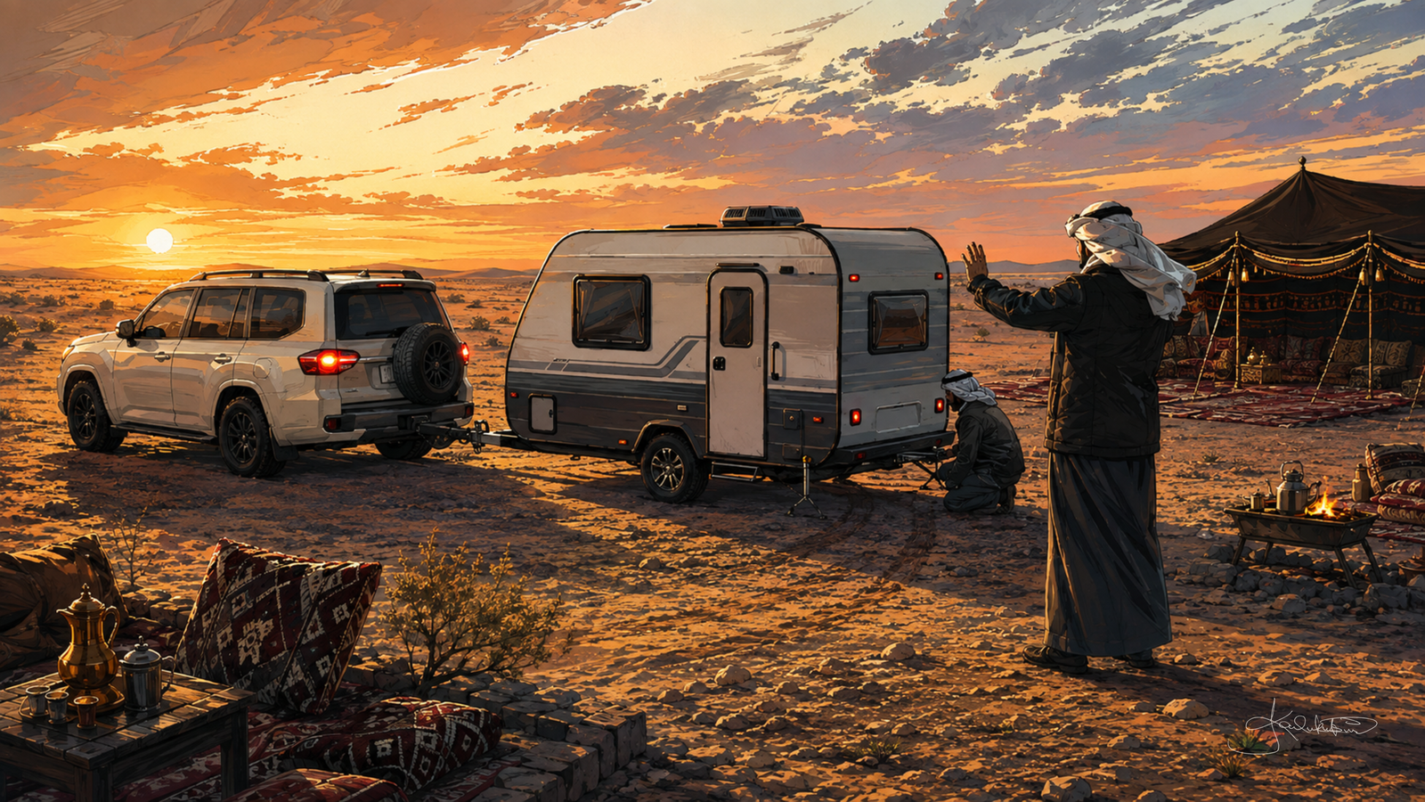 A Kuwaiti winter camp at sunset, a white SUV and a caravan parked beside the tent with rugs and cushions laid out on the sand. Dreamy Kuwaiti Culture 4K desktop wallpaper by Dreams On Kanvas