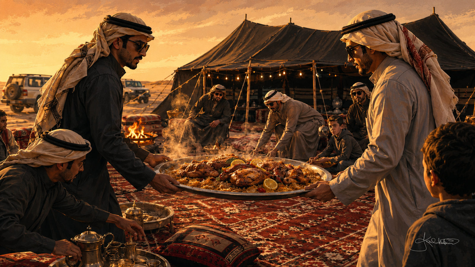 Dinner in the Kuwaiti desert, men lifting a large platter of rice and meat outside a lit tent as the sun goes down behind the dunes. Dreamy Kuwaiti Culture 4K desktop wallpaper by Dreams On Kanvas