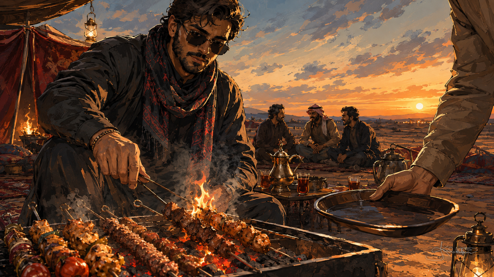 Grilling in the Kuwaiti desert at sunset, a man in sunglasses turning skewers over glowing coals with the camp and the low sun behind him. Dreamy Kuwaiti Culture 4K desktop wallpaper by Dreams On Kanvas