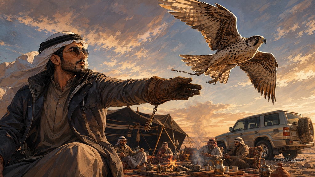 A falcon release in the Kuwaiti desert, a falconer with his arm outstretched as the bird comes in with its wings spread, the camp and pickup trucks behind. Dreamy Kuwaiti Culture 4K desktop wallpaper by Dreams On Kanvas
