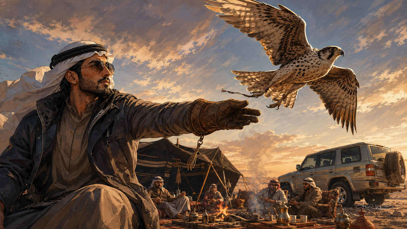 A falcon release in the Kuwaiti desert, a falconer with his arm outstretched as the bird comes in with its wings spread, the camp and pickup trucks behind. Dreamy Kuwaiti Culture 4K desktop wallpaper by Dreams On Kanvas