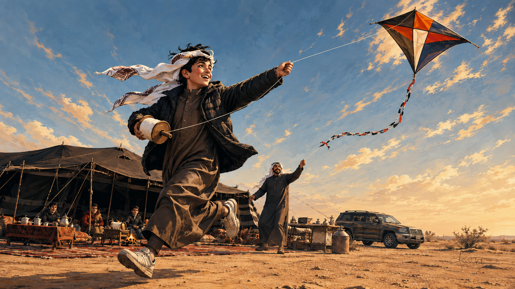 Flying kites in Kuwait, a man leaping with a red kite against a wide blue sky above the desert camp. Dreamy Kuwaiti Culture 4K desktop wallpaper by Dreams On Kanvas