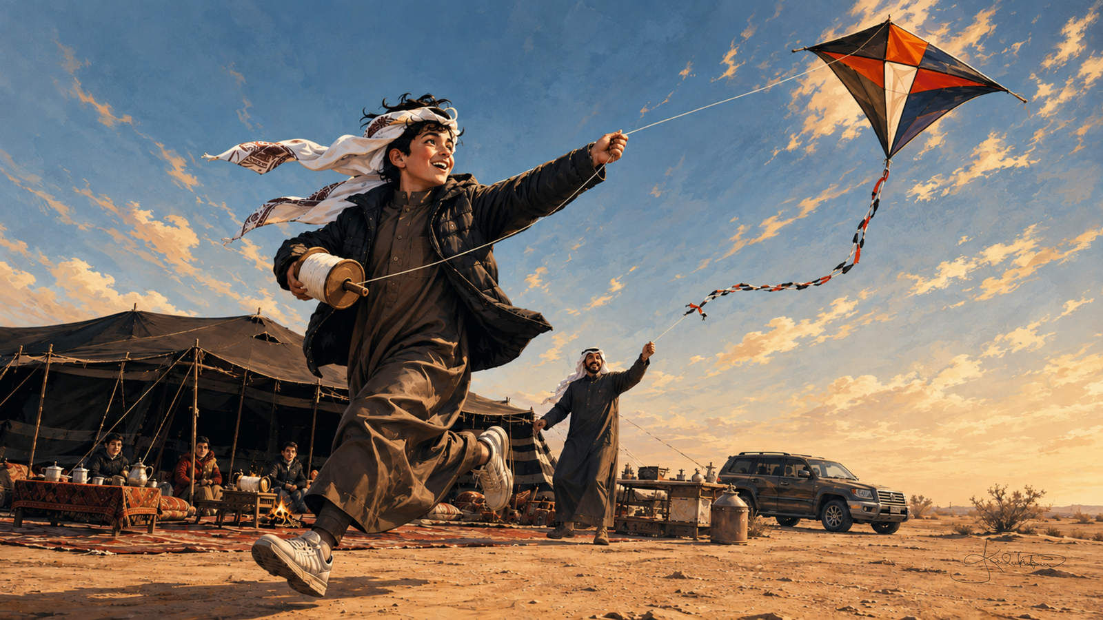 Flying kites in Kuwait, a man leaping with a red kite against a wide blue sky above the desert camp. Dreamy Kuwaiti Culture 4K desktop wallpaper by Dreams On Kanvas