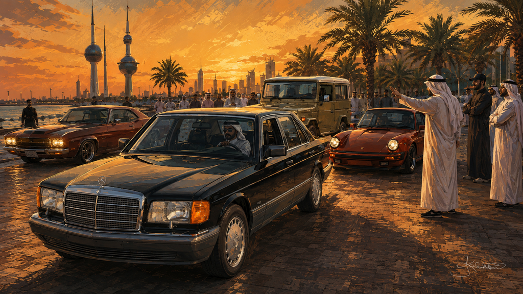 A Kuwaiti car meet on the corniche at sunset, a classic Mercedes and other cars parked along the road with the Kuwait Towers on the skyline behind. Dreamy Kuwaiti Culture 4K desktop wallpaper by Dreams On Kanvas