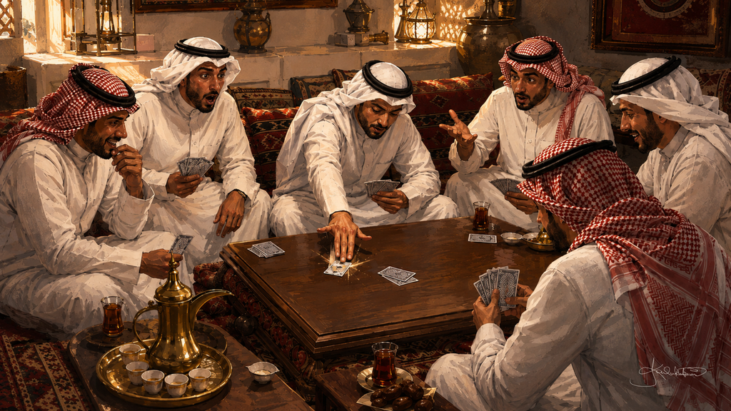 Kuwaitis in a diwaniya playing Kot Bo 6, men around a wooden table mid-hand with the cards down and a brass tea service beside them. Dreamy Kuwaiti Culture 4K desktop wallpaper by Dreams On Kanvas