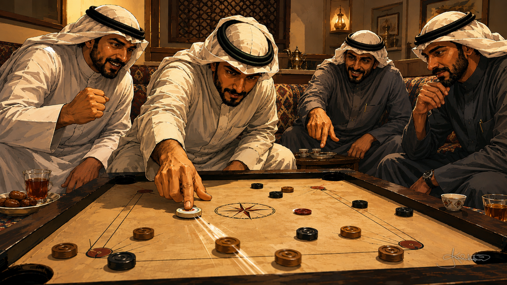 Kuwaitis playing carrom, a man leaning in to flick the striker across the board while the others watch from the majlis cushions. Dreamy Kuwaiti Culture 4K desktop wallpaper by Dreams On Kanvas