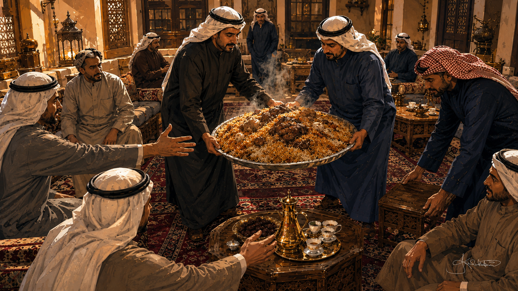 A diwaniya machboos dinner, men gathered on the carpet around a huge shared platter of rice and meat under hanging lanterns. Dreamy Kuwaiti Culture 4K desktop wallpaper by Dreams On Kanvas