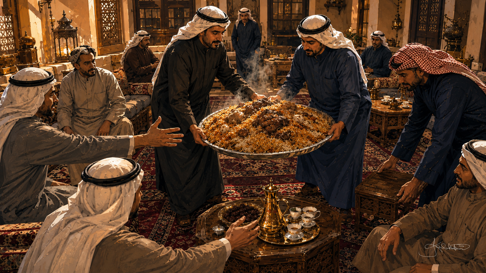 A diwaniya machboos dinner, men gathered on the carpet around a huge shared platter of rice and meat under hanging lanterns. Dreamy Kuwaiti Culture 4K desktop wallpaper by Dreams On Kanvas