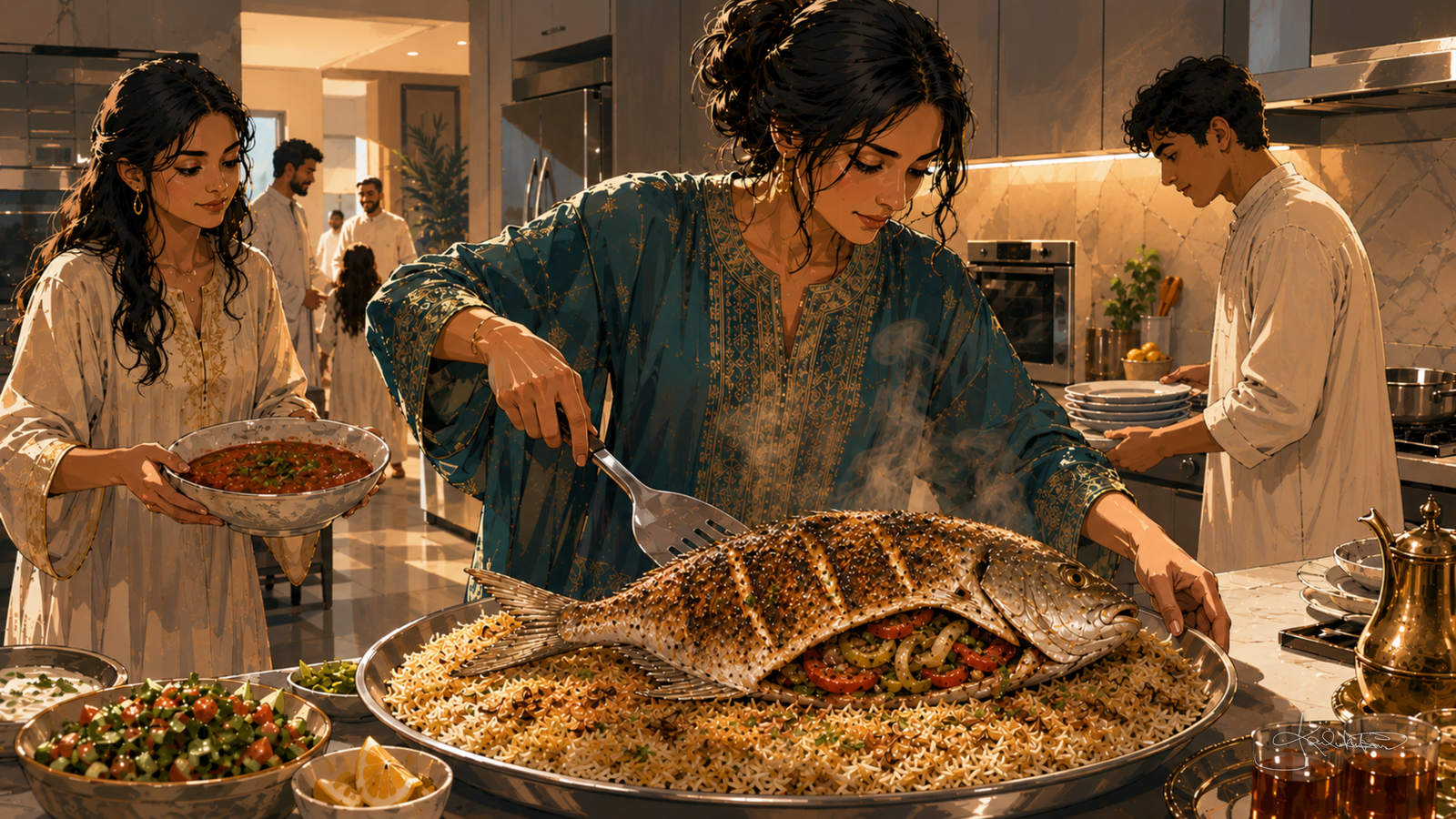 A Kuwaiti family feast being plated in a modern kitchen, a large fish and rice dish laid out on the counter with salads and tea glasses beside it. Dreamy Kuwaiti Culture 4K desktop wallpaper by Dreams On Kanvas