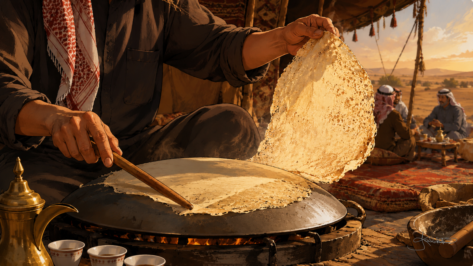 Saj bread being made, a baker stretching the thin dough over a domed saj griddle with the fire underneath and tea glasses waiting. Dreamy Kuwaiti Culture 4K desktop wallpaper by Dreams On Kanvas