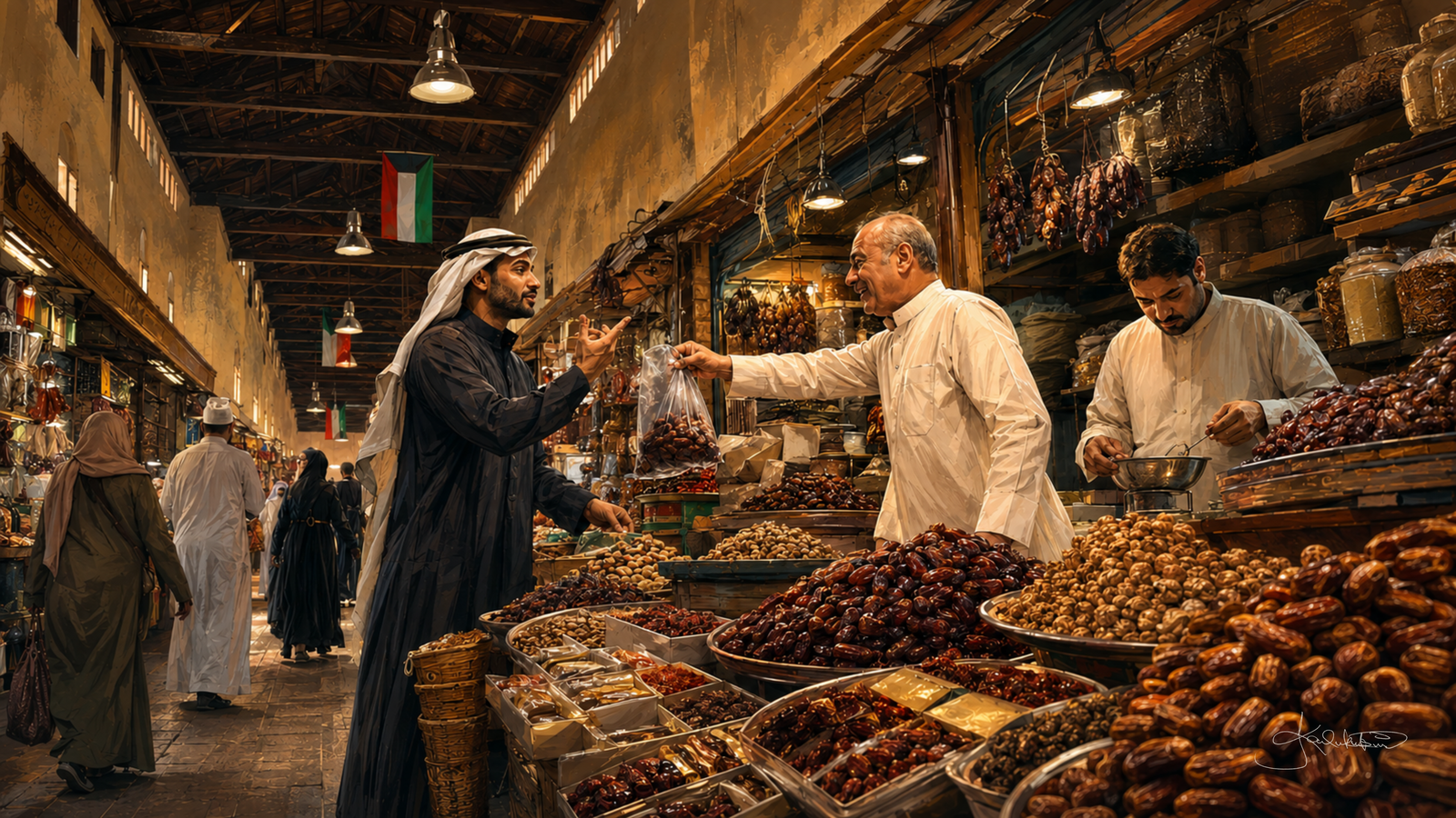 A Kuwaiti market aisle, a vendor behind trays of dates and dried goods with shoppers moving down the covered walkway under the Kuwaiti flag. Dreamy Kuwaiti Culture 4K desktop wallpaper by Dreams On Kanvas
