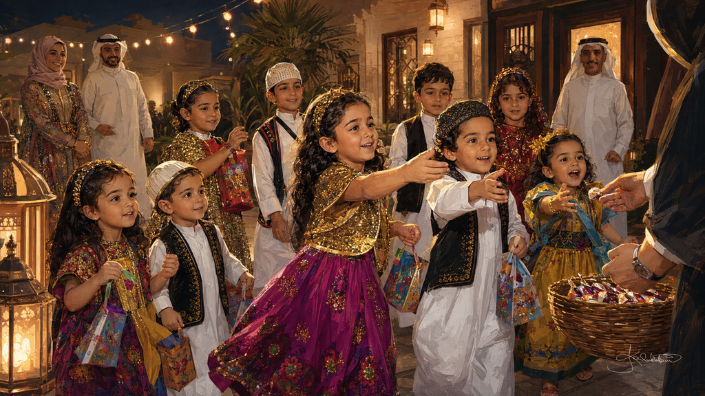 Girgian night in Kuwait, children in embroidered traditional dresses holding their collecting bags and sweets in a lantern-lit courtyard. Dreamy Kuwaiti Culture 4K desktop wallpaper by Dreams On Kanvas