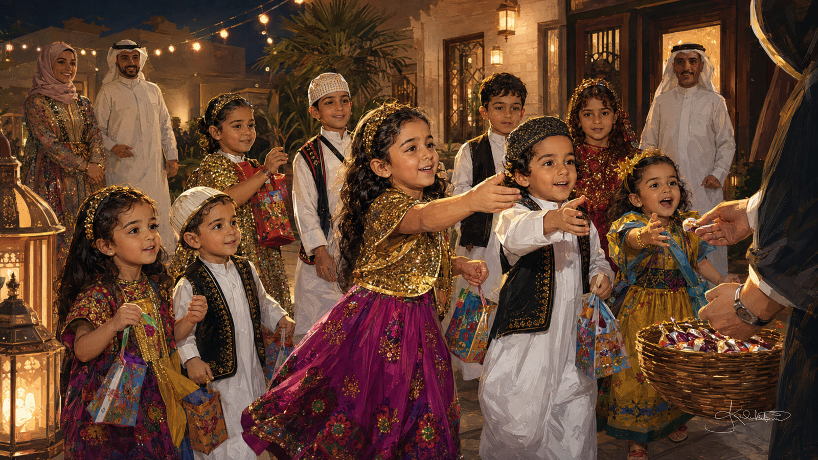 Girgian night in Kuwait, children in embroidered traditional dresses holding their collecting bags and sweets in a lantern-lit courtyard. Dreamy Kuwaiti Culture 4K desktop wallpaper by Dreams On Kanvas
