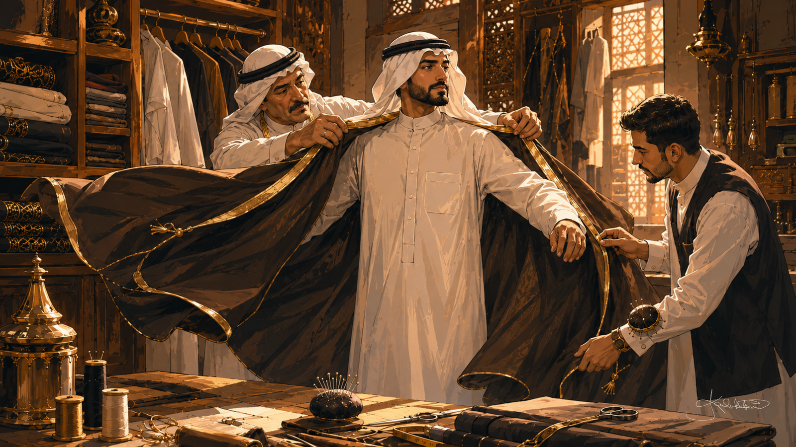 A bisht fitting, a tailor settling the black gold-trimmed cloak onto a man's shoulders in the shop while another checks the drape. Dreamy Kuwaiti Culture 4K desktop wallpaper by Dreams On Kanvas