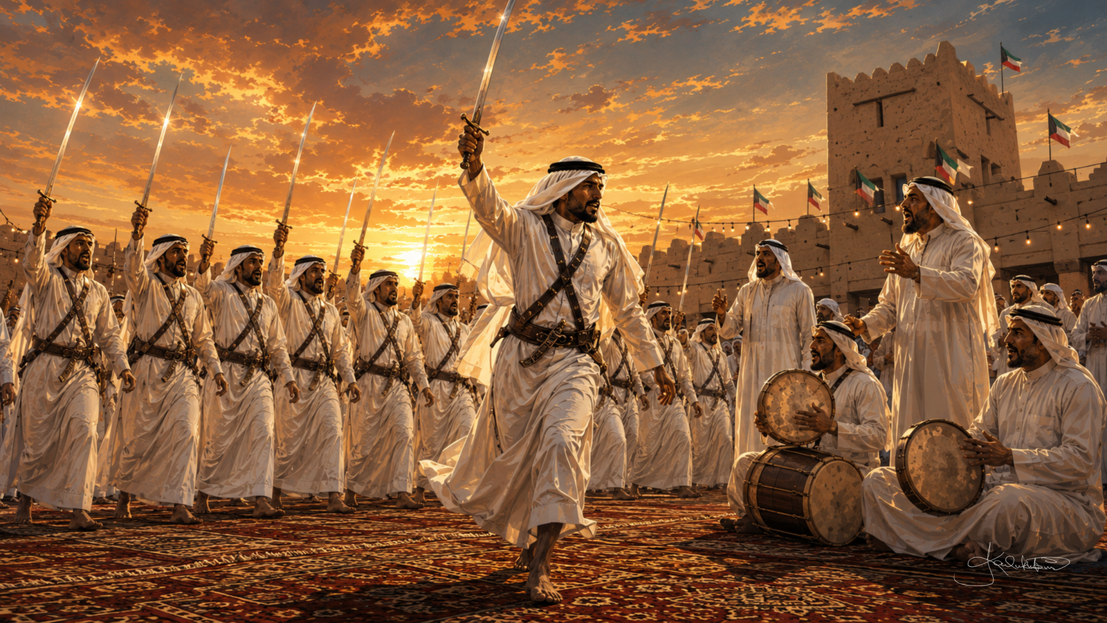 The Kuwaiti Al Ardah sword dance, rows of men in white with swords raised before a mud-brick fort at sunset, drummers seated in front. Dreamy Kuwaiti Culture 4K desktop wallpaper by Dreams On Kanvas