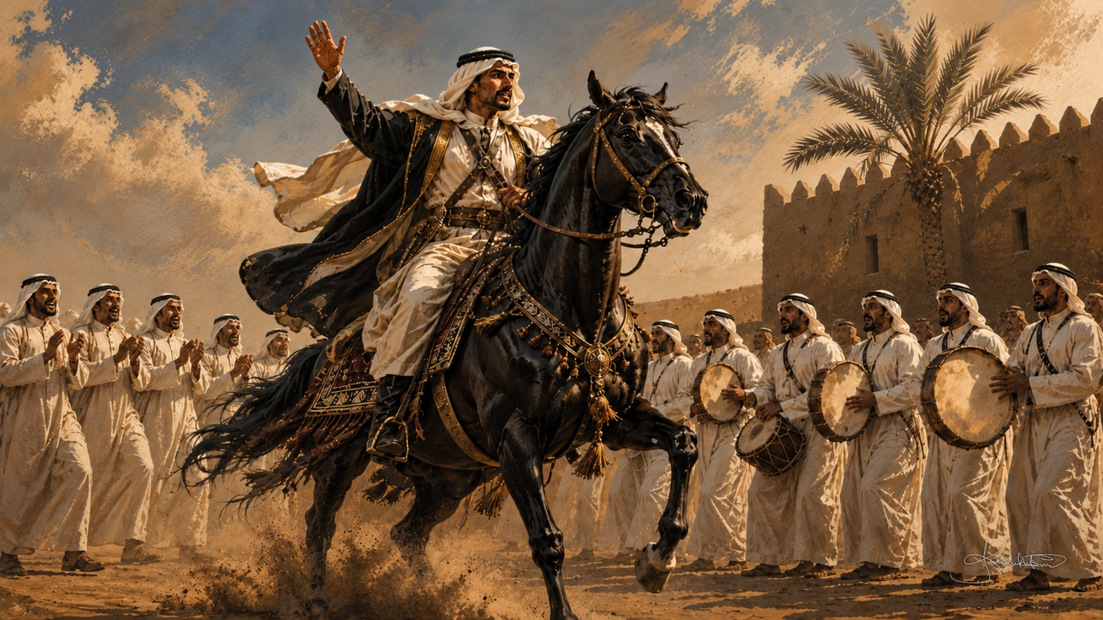 A historic Kuwaiti horse Ardah, a rider on a rearing black horse with his sword up and a line of drummers behind him. Dreamy Kuwaiti Culture 4K desktop wallpaper by Dreams On Kanvas