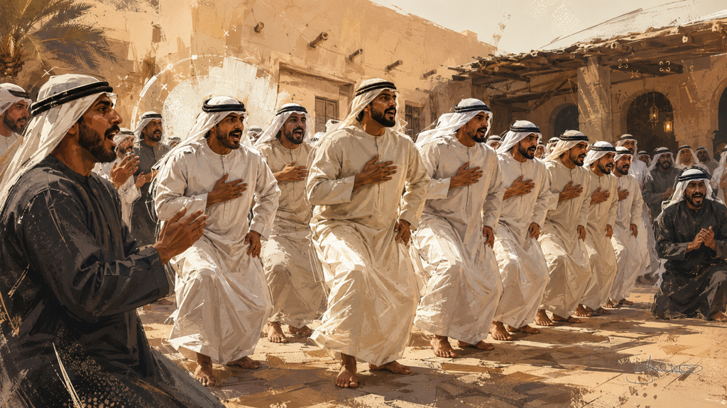 Kuwaiti men performing Al Dahha, two facing lines of men clapping and stepping together in a sand courtyard between old walls. Dreamy Kuwaiti Culture 4K desktop wallpaper by Dreams On Kanvas