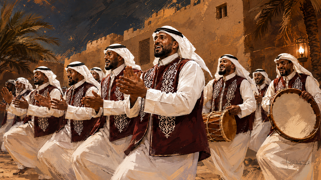 Kuwaitis performing Al Dahha, men in white with red-trimmed waistcoats clapping and singing while drummers keep time beside them. Dreamy Kuwaiti Culture 4K desktop wallpaper by Dreams On Kanvas
