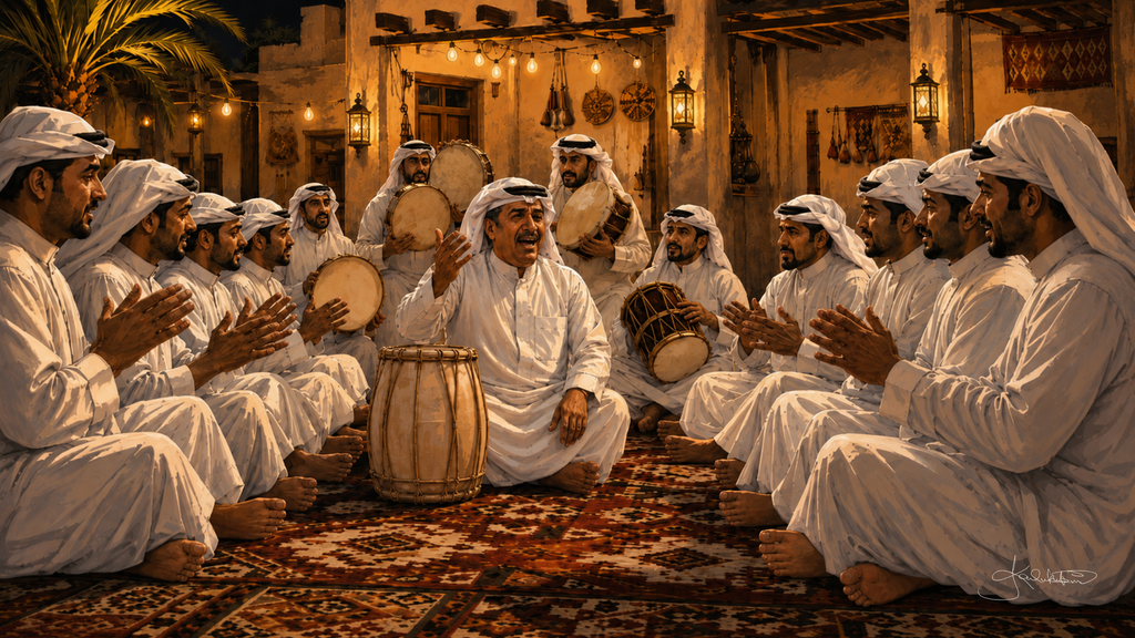 A traditional Kuwaiti Samri, men seated in a circle with hand drums in a lantern-lit courtyard at night, others standing behind them. Dreamy Kuwaiti Culture 4K desktop wallpaper by Dreams On Kanvas