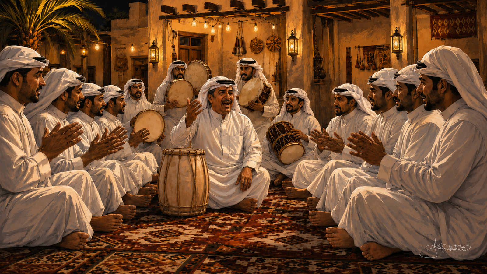 A traditional Kuwaiti Samri, men seated in a circle with hand drums in a lantern-lit courtyard at night, others standing behind them. Dreamy Kuwaiti Culture 4K desktop wallpaper by Dreams On Kanvas