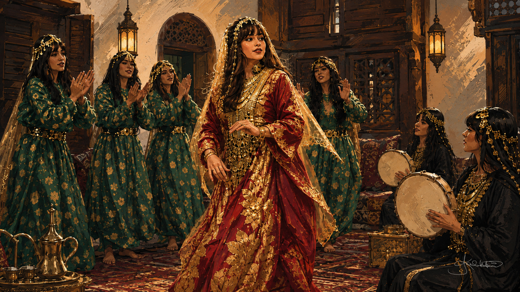 A traditional Kuwaiti women's Samri, women in green and deep red embroidered thobes dancing with a drummer at the side of the majlis. Dreamy Kuwaiti Culture 4K desktop wallpaper by Dreams On Kanvas