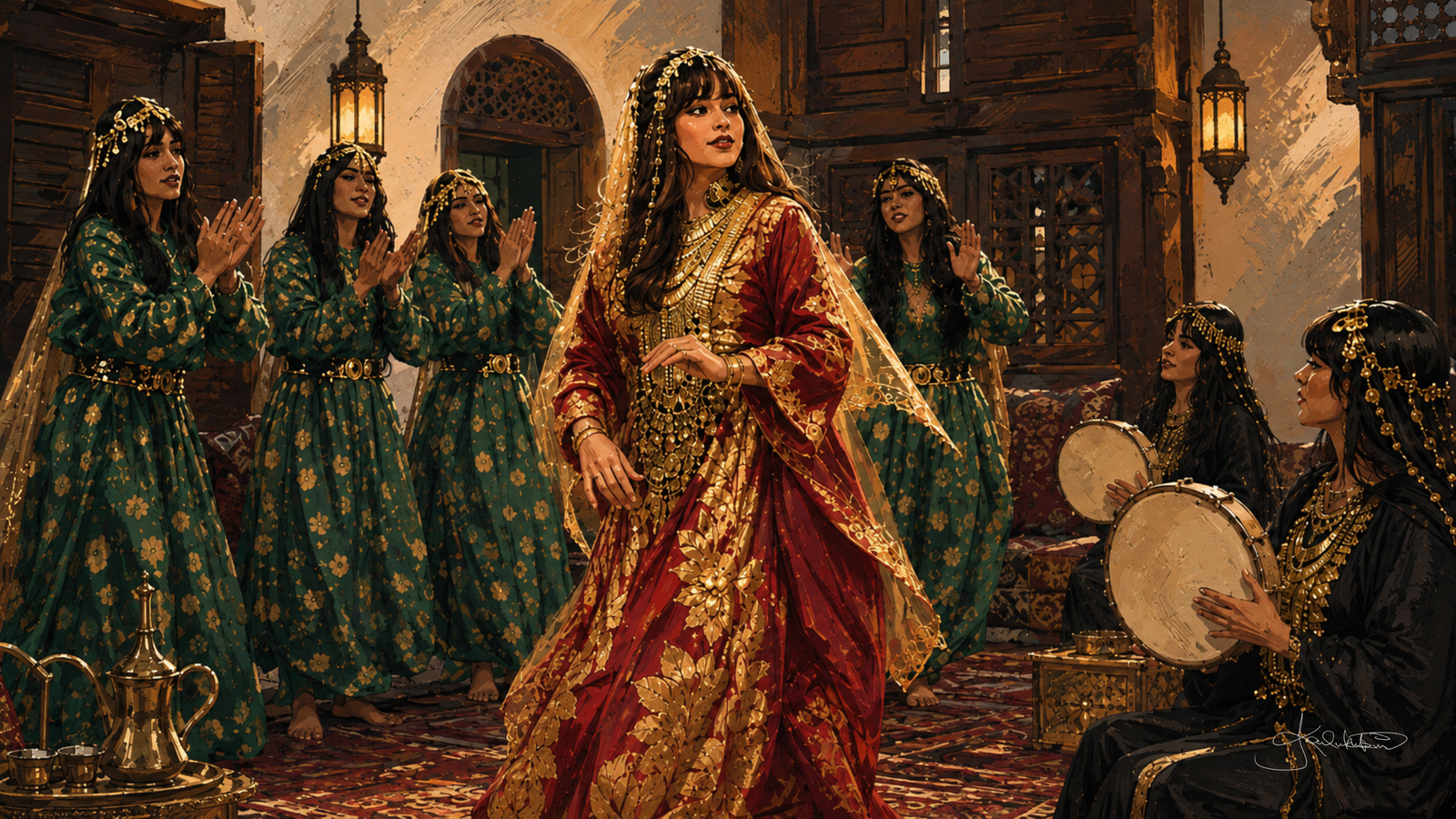 A traditional Kuwaiti women's Samri, women in green and deep red embroidered thobes dancing with a drummer at the side of the majlis. Dreamy Kuwaiti Culture 4K desktop wallpaper by Dreams On Kanvas